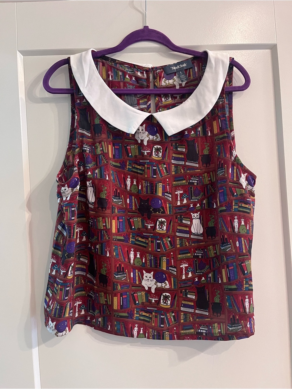 ModCloth White-Collar Tank with Burgundy Book & Cat Print